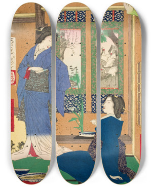 Triptych art skateboard deck of Tsukioka Yoshitoshi The Marui Restaurant At Reiganjima by Tsukioka Yoshitoshi (1839-1892)
