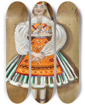 Triptych art skateboard deck of Karin Luts Kostmikavand G Neggo Stuudiole by Karin Luts (1904-1993)