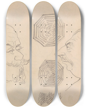 Triptych art skateboard deck of James Ensor Two Heads And A Spinningwheel by James Ensor (1860-1949)