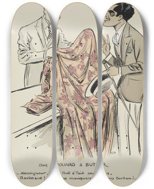 Triptych art skateboard deck of Georges Goursat Sem Chez Edouard Butler by Georges Goursat (Sem) (1863-1934)