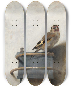 Triptych art skateboard deck of Carel Fabritius The Goldfinch by Carel Fabritius (1622-1654)