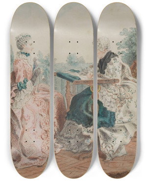 Triptych art skateboard deck of Louis Carrogis Carmontelle Mme Laleu Son Mtier Tapisserie Et Mlle Mlin Travaillant Dans Un Jardin by Louis Carrogis Carmontelle (1717-1806)