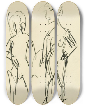 Triptych art skateboard deck of Albert Mller Figrliche Skizze Zwei Akte by Albert Muller (1897-1926)
