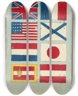 Triptych art skateboard deck of Jinta Hirayama Illustrated Catalogue Of Daylight Bomb Shells No 1 by Jinta Hirayama (19-)