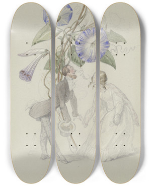 Triptych art skateboard deck of Adolf Schrdter  Ein Bouquet Von Blauen Winden Darunter Ein Sich Voreinander Verbeugendes Paar by Adolf Schrodter (1805-1875)
