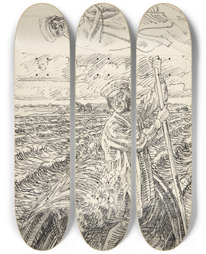 Triptych art skateboard deck of Peter Hansen Prsten Hans Madsen Stager Over Til Horneland by Peter Hansen (1868-1928)