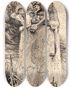 Triptych art skateboard deck of Akseli Gallenkallela The Bootleather Tower by Akseli Gallen Kallela (1865-1931)