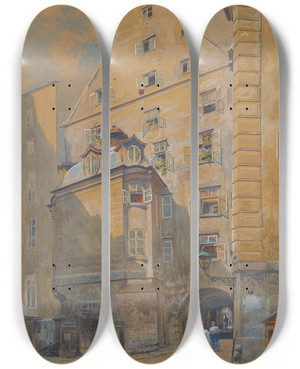 Triptych art skateboard deck of Ludwig Hans Fischer Der Dreifaltigkeitshof In Wien by Ludwig Hans Fischer (1848-1915)