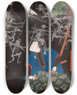 Triptych art skateboard deck of Tsukioka Yoshitoshi Ya Tar Mitsukune Watching Skeletons by Tsukioka Yoshitoshi (1839-1892)