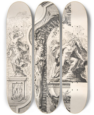 Triptych art skateboard deck of Workshop Of Gillesmarie Oppenord Study For A Garden Capriccio 2 by Workshop Of Gilles Marie Oppenord (1672-1742) Triptych art skateboard deck of Workshop Of Gillesmarie Oppenord Study For A Garden Capriccio 2 by Workshop Of Gilles Marie Oppenord (1672-1742)