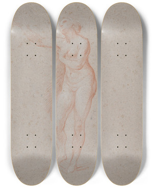 Triptych art skateboard deck of Giacomo Zoboli Study Of A Standing Female Nude In A Beckoning Poseturned Toward Left by Giacomo Zoboli (1681-1767)