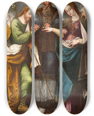 Triptych art skateboard deck of Pedro Ramrez The Marriage Of The Virgin Desposorios Del La Virgen by Pedro Ramirez (17-)