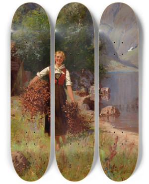Triptych art skateboard deck of Hans Dahl Girl In A Fjord Landscape by Hans Dahl (1849-1937)