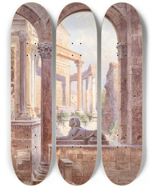 Triptych art skateboard deck of Ludwig Hans Fischer A View Of Diocletians Palace In Split by Ludwig Hans Fischer (1848-1915)