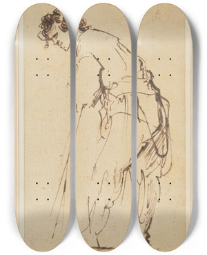 Triptych art skateboard deck of Rembrandt Van Rijn Young Man Leaning On A Stick by Rembrandt Van Rijn (1606-1669)
