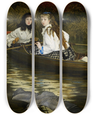 Triptych art skateboard deck of James Tissot On The Thames A Heron by James Tissot (1836-1902)