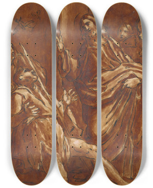 Triptych art skateboard deck of Giacomo Cavedone Christ Exorcising Devils From A Lame Man by Giacomo Cavedone (1577-1660)