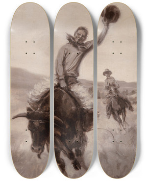 Triptych art skateboard deck of Elling William Gollings Riding A Bull by Elling William Gollings (1878-1932)