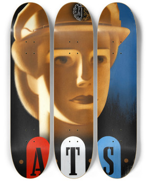 Triptych art skateboard deck of Abram Games Forces Recruitment Ats Girls Head by Abram Games (1914-1996)