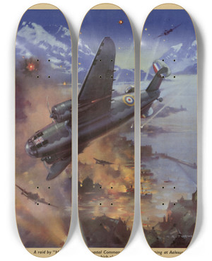 Triptych art skateboard deck of Charles E Turner A Raid By Hudsons Of The Coastal Command On German Shipping At Aalesund Norway In Which Eleven Ships Were Hit Back Them Up by Charles E Turner (1883-1965)