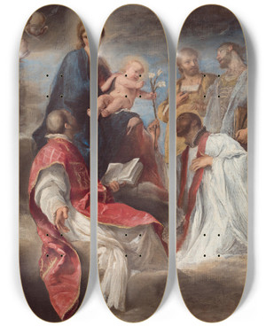 Triptych art skateboard deck of Andrea Sacchi The Madonna And Child With Saints Ignatius Of Loyola Francis Xavier Cosmas And Damian by Andrea Sacchi (1599-1661)