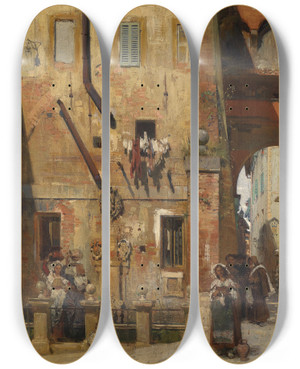 Triptych art skateboard deck of Theodor Josef Ethofer Gasse In Siena by Theodor Josef Ethofer (1849-1915)