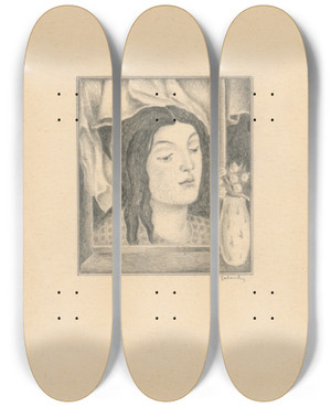 Triptych art skateboard deck of Mikul Galanda Painting Of A Woman With Long Hair Vase And Flowers by Mikulas Galanda (1895-1938)