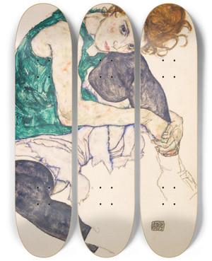 Triptych art skateboard deck of Egon Schiele Seated Woman With Bent Knees Adele Herms by Egon Schiele (1890-1918)
