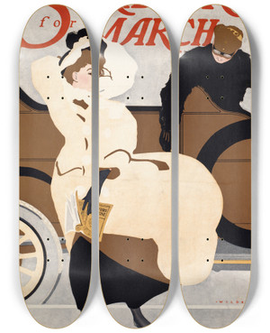 Triptych art skateboard deck of Robert Wildhack Scribners For March by Robert Wildhack (1881-1940)