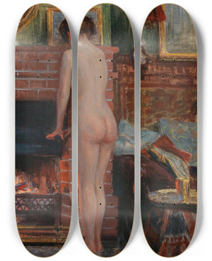 Triptych art skateboard deck of Robert Schiff Der Wrmende Kamin by Robert Schiff (1869-1935)
