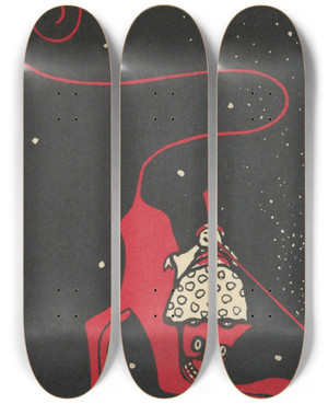 Triptych art skateboard deck of Rudolf Kalvach Humorous Subject_2 by Rudolf Kalvach (1883-1932)