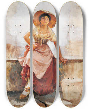 Triptych art skateboard deck of Frank Duveneck Florentine Flower Girl by Frank Duveneck (1848-1919)