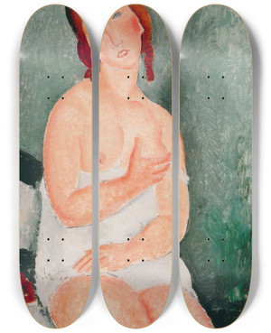 Triptych art skateboard deck of Amedeo Modigliani Young Woman In A Shirt 1918 by Amedeo Modigliani (1884-1920)