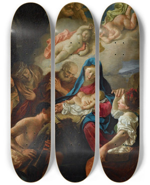 Triptych art skateboard deck of Gaspare Traversi Adoration Of The Shepherds by Gaspare Traversi (1722-1770)