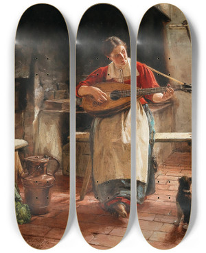 Triptych art skateboard deck of Karl Shn A Serenade by Karl Sohn (1853-1925)