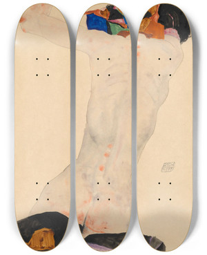 Triptych art skateboard deck of Egon Schiele Rckenakt Mit Buntem Tuch by Egon Schiele (1890-1918)