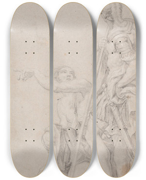 Triptych art skateboard deck of Hendrik Krock Stende Soldat Og Knlende Pegende Yngling by Hendrik Krock (1671-1738)