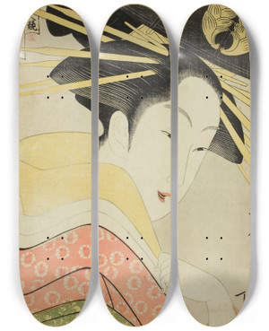 Triptych art skateboard deck of Chokosai Eisho Misayama Of The Chojiya From The Series Beauties Of The Licensed Quarter Kakuchu Bijin Kurabe by Chokosai Eisho (1792-1799)