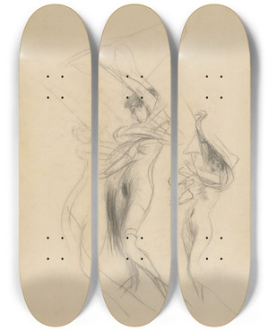 Triptych art skateboard deck of Giovanni Boldini Study Of Dancing Nudes by Giovanni Boldini (1842-1931)