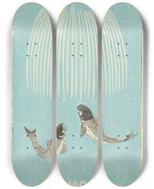 Triptych art skateboard deck of Jinta Hirayama Illustrated Catalogue Of Daylight Bomb Shells No 91 by Jinta Hirayama (19-)