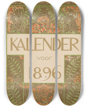 Triptych art skateboard deck of Theo Nieuwenhuis Dekblad Van De Kalender Voor 1896 by Theo Nieuwenhuis (1866-1951)