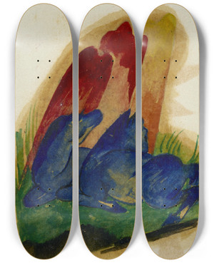 Triptych art skateboard deck of Franz Marc Two Blue Horses In Front Of A Red Rock by Franz Marc (1880-1916)