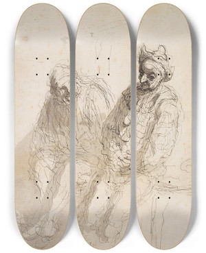 Triptych art skateboard deck of Honor Daumier Two Saltimbanques by Honore Daumier (1808-1879)