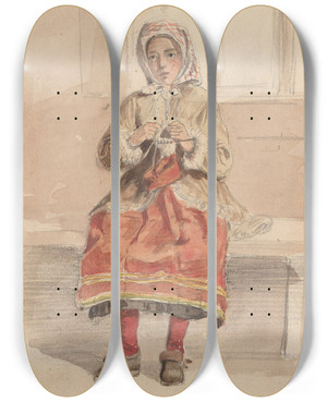 Triptych art skateboard deck of Adolph Tidemand Ung Kvinne Som Strikker by Adolph Tidemand (1814-1876)