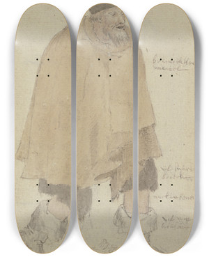 Triptych art skateboard deck of Roelant Savery Man In A Ragged Cloak Walking To The Right by Roelant Savery (1576-1639)