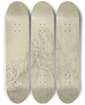 Triptych art skateboard deck of Eduard Von Steinle Madonna Mit Dem Kinde In Deutscher Landschaft by Eduard Von Steinle (1810-1886)