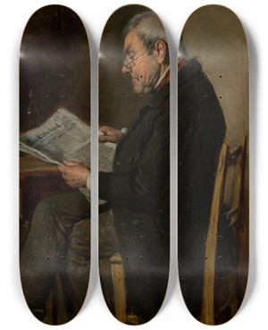 Triptych art skateboard deck of Hermann Kern A Gentleman Reading A Newspaper by Hermann Kern (1838-1912)