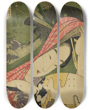 Triptych art skateboard deck of Ichirakutei Eisui The Courtesan Takigawa Of The Ogiya From The Series Beauties Of The Five Festivals Bijin Gosekku by Ichirakutei Eisui (1793-1801)
