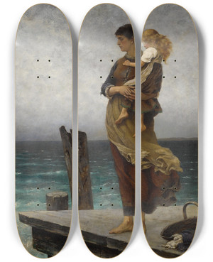 Triptych art skateboard deck of August Hagborg Waiting by August Hagborg (1852-1921)