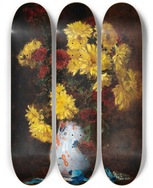 Triptych art skateboard deck of Eugne Henri Cauchois Bouquet Of Asters In A Vase by Eugene Henri Cauchois (1850-1911)